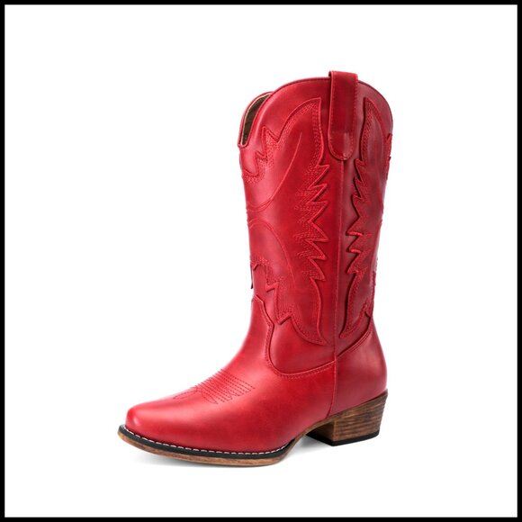 Women's Cowboy Boots Mid Calf Snip Toe Embroidered Low Chunky Heel Pull On